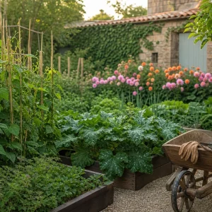 Vue d'un jardin français en juin avec potager, dahlias et outils sur brouette en bois