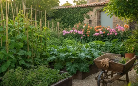 Vue d'un jardin français en juin avec potager, dahlias et outils sur brouette en bois
