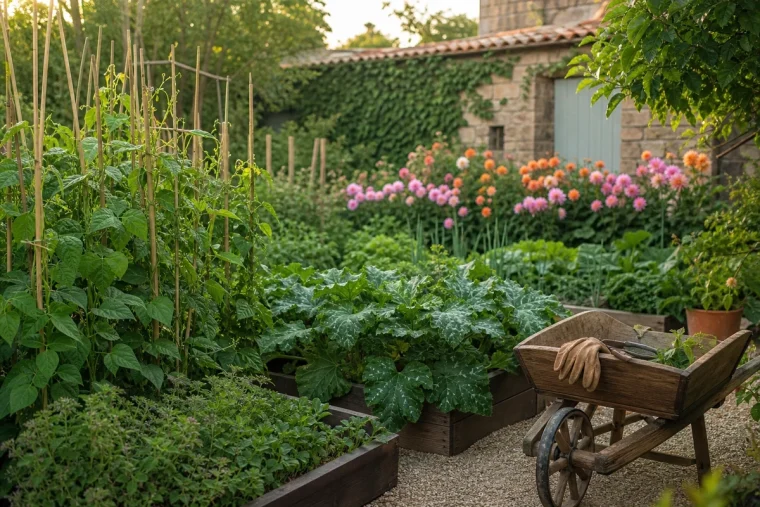 Vue d'un jardin français en juin avec potager, dahlias et outils sur brouette en bois