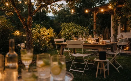 Jardin éclairé par une guirlande guinguette et des bougies pour une soirée d'été