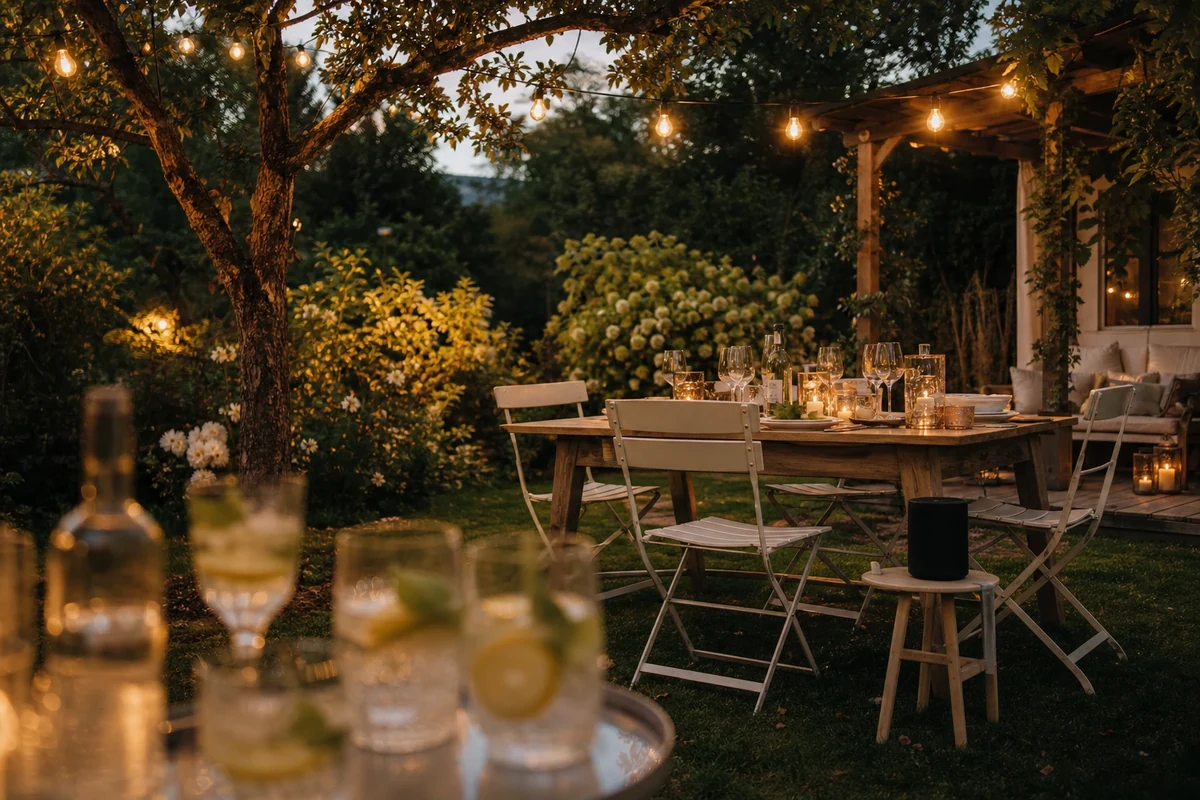 Jardin éclairé par une guirlande guinguette et des bougies pour une soirée d'été