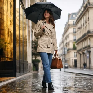 Femme en trench beige court, jean droit et bottines noires sous la pluie à Paris