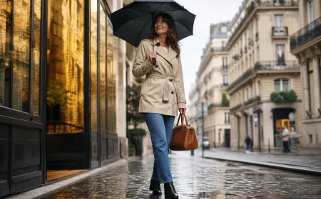 Femme en trench beige court, jean droit et bottines noires sous la pluie à Paris