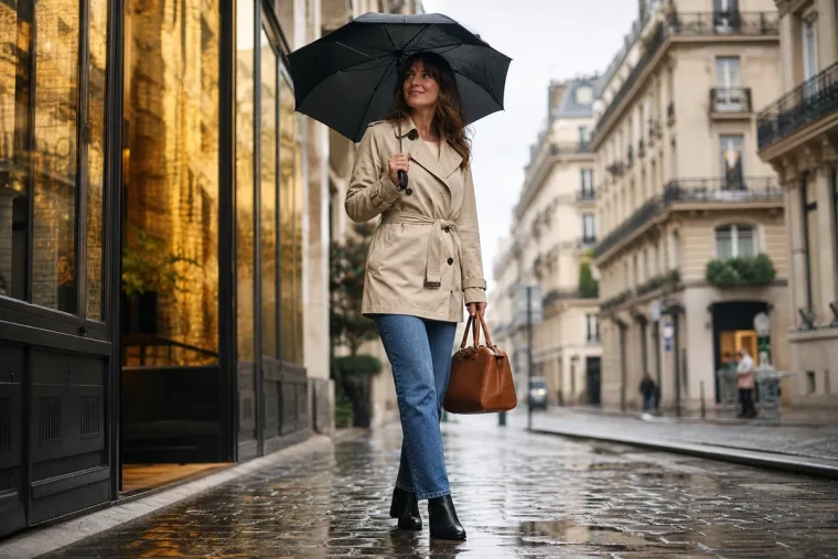 Femme en trench beige court, jean droit et bottines noires sous la pluie à Paris