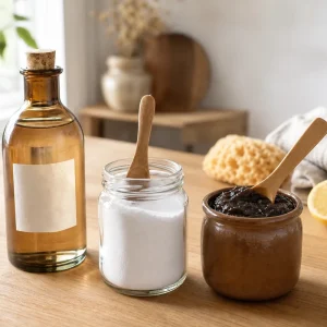 Vinaigre blanc, bicarbonate de soude et savon noir alignés sur un plan de travail en bois clair, avec éponge et chiffon