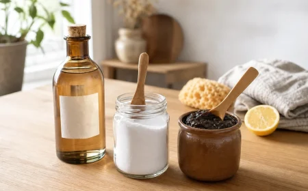 Vinaigre blanc, bicarbonate de soude et savon noir alignés sur un plan de travail en bois clair, avec éponge et chiffon