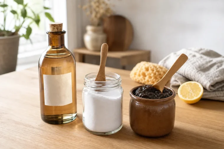 Vinaigre blanc, bicarbonate de soude et savon noir alignés sur un plan de travail en bois clair, avec éponge et chiffon
