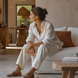 Femme en total look Cloud Dancer composé d'une chemise oversize en lin et d'un pantalon ample en coton, Paris en été