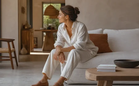 Femme en total look Cloud Dancer composé d'une chemise oversize en lin et d'un pantalon ample en coton, Paris en été