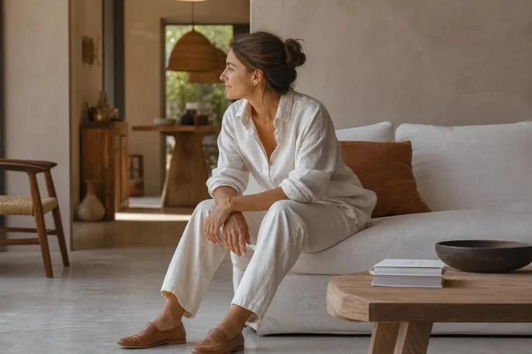 Femme en total look Cloud Dancer composé d'une chemise oversize en lin et d'un pantalon ample en coton, Paris en été