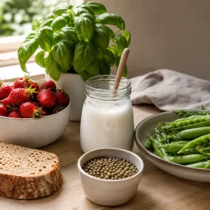 Aliments de juin favorables au microbiote intestinal disposés sur un plan de travail : fraises, petits pois, kéfir, pain complet, lentilles et basilic