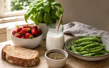 Aliments de juin favorables au microbiote intestinal disposés sur un plan de travail : fraises, petits pois, kéfir, pain complet, lentilles et basilic