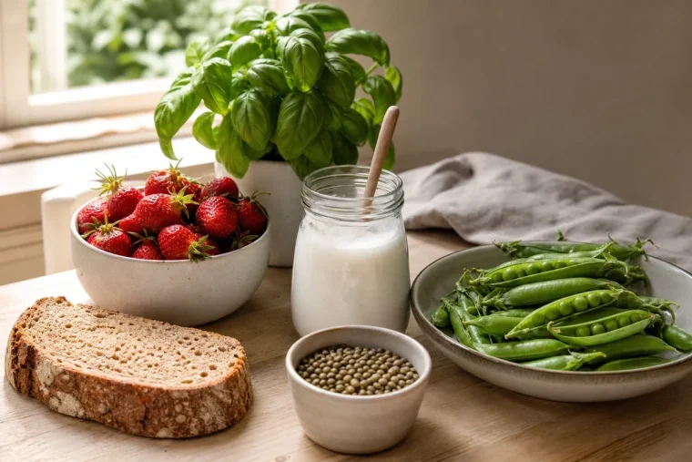 Aliments de juin favorables au microbiote intestinal disposés sur un plan de travail : fraises, petits pois, kéfir, pain complet, lentilles et basilic