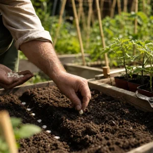 Jardinier semant des haricots verts dans un sillon de potager français début juin