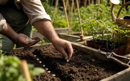 Jardinier semant des haricots verts dans un sillon de potager français début juin
