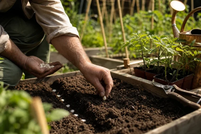 Jardinier semant des haricots verts dans un sillon de potager français début juin