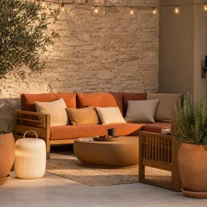 Terrasse 2026 aménagée en pièce de vie avec mobilier teck, coussins terracotta et éclairage doux nomade