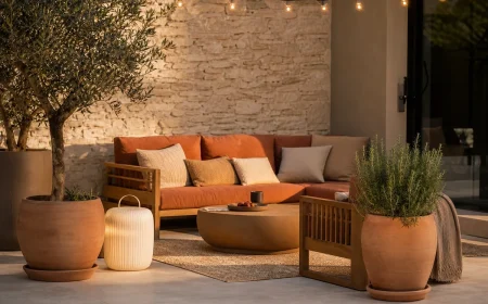 Terrasse 2026 aménagée en pièce de vie avec mobilier teck, coussins terracotta et éclairage doux nomade