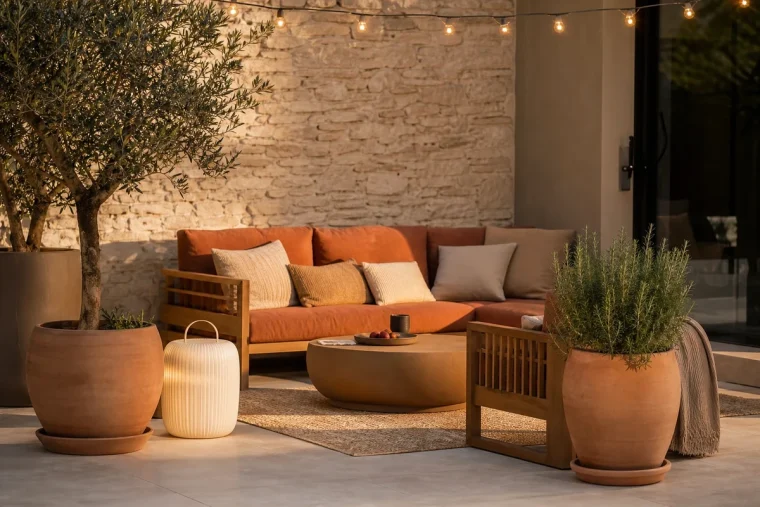 Terrasse 2026 aménagée en pièce de vie avec mobilier teck, coussins terracotta et éclairage doux nomade