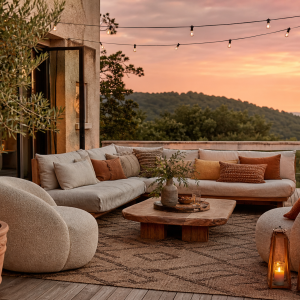 Terrasse française aménagée selon les tendances déco 2026, mobilier rond beige et coussins terracotta