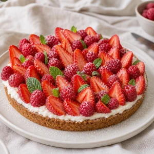 Tarte aux fraises et framboises sans cuisson sur base biscuitée, crème mascarpone vanillée, posée sur assiette blanche