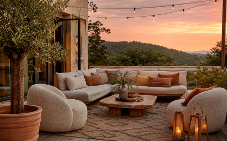 Terrasse française aménagée selon les tendances déco 2026, mobilier rond beige et coussins terracotta