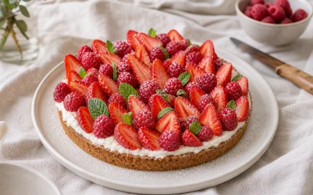Tarte aux fraises et framboises sans cuisson sur base biscuitée, crème mascarpone vanillée, posée sur assiette blanche