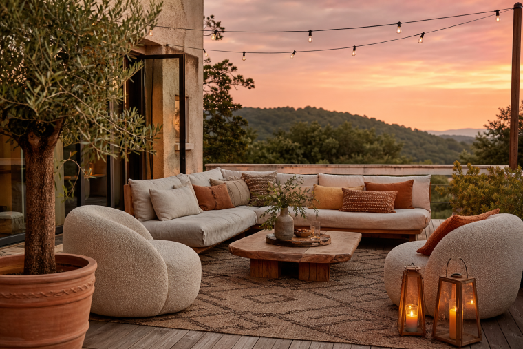 Terrasse française aménagée selon les tendances déco 2026, mobilier rond beige et coussins terracotta