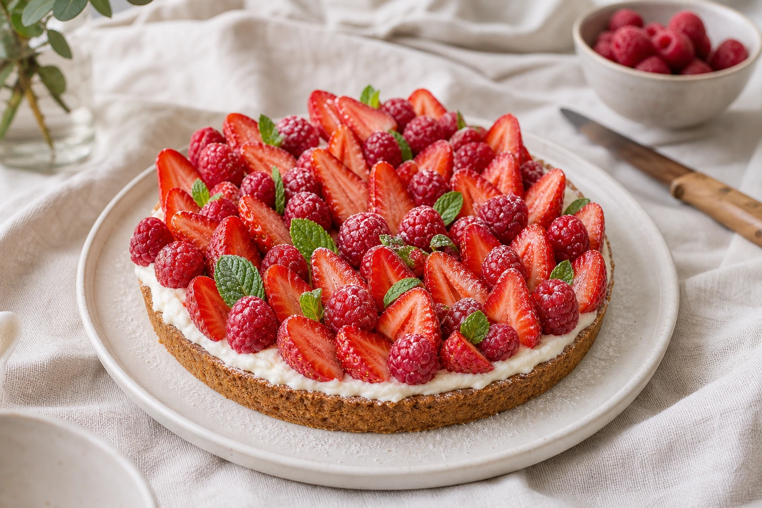 Tarte aux fraises et framboises sans cuisson sur base biscuitée, crème mascarpone vanillée, posée sur assiette blanche