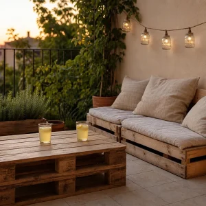 Terrasse française aménagée en récup' avec table basse en palette et guirlande solaire au crépuscule