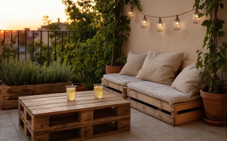 Terrasse française aménagée en récup' avec table basse en palette et guirlande solaire au crépuscule