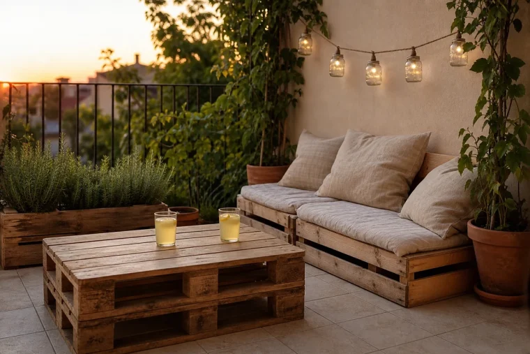 Terrasse française aménagée en récup' avec table basse en palette et guirlande solaire au crépuscule