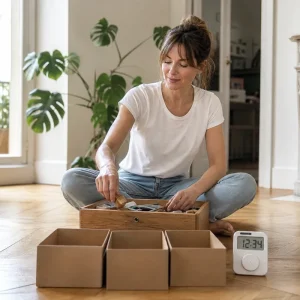 Femme triant un tiroir avec trois cartons donner-vendre-recycler et un minuteur dans un salon clair
