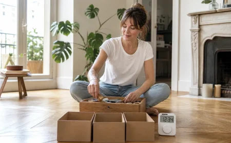 Femme triant un tiroir avec trois cartons donner-vendre-recycler et un minuteur dans un salon clair