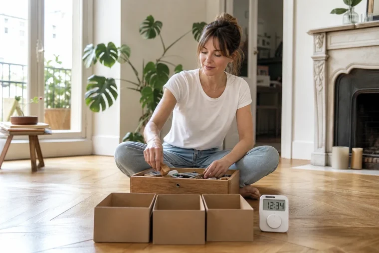 Femme triant un tiroir avec trois cartons donner-vendre-recycler et un minuteur dans un salon clair