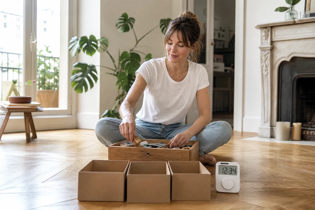 Femme triant un tiroir avec trois cartons donner-vendre-recycler et un minuteur dans un salon clair