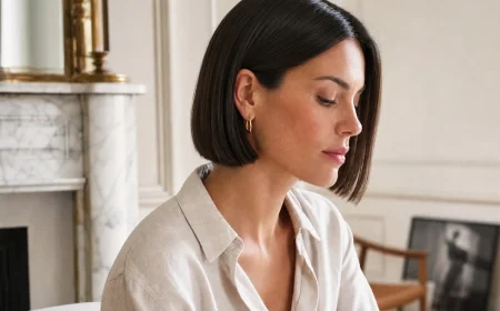 Femme portant un Japanese Bob coupé au menton, profil net et brillance miroir, lumière naturelle