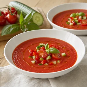 Deux bols de gaspacho de tomates cerises rouge vif garnis de dés de concombre, basilic frais et filet d'huile d'olive