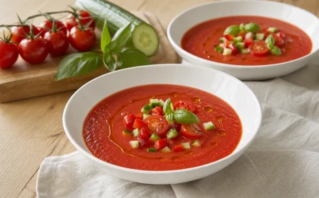Deux bols de gaspacho de tomates cerises rouge vif garnis de dés de concombre, basilic frais et filet d'huile d'olive