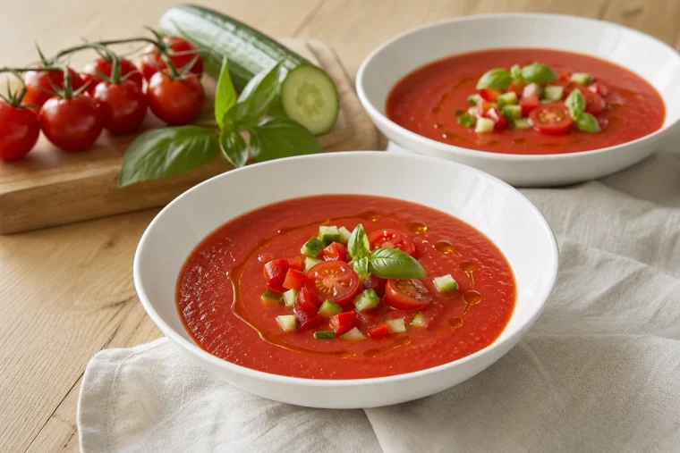 Deux bols de gaspacho de tomates cerises rouge vif garnis de dés de concombre, basilic frais et filet d'huile d'olive
