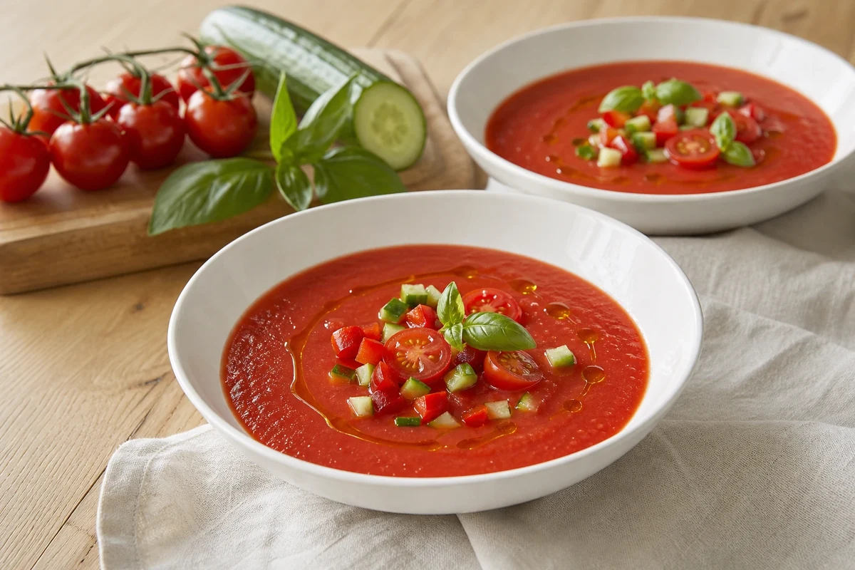 Deux bols de gaspacho de tomates cerises rouge vif garnis de dés de concombre, basilic frais et filet d'huile d'olive