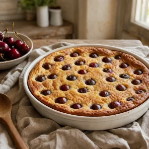 Clafoutis aux cerises traditionnel limousin sorti du four dans un moule en céramique blanche