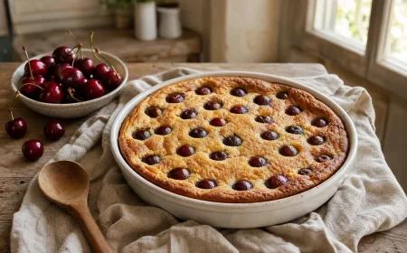 Clafoutis aux cerises traditionnel limousin sorti du four dans un moule en céramique blanche