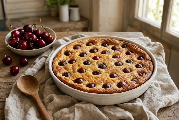 Clafoutis aux cerises traditionnel limousin sorti du four dans un moule en céramique blanche