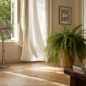 Salon français rafraîchi sans climatisation avec volets mi-clos, fougère et ventilateur