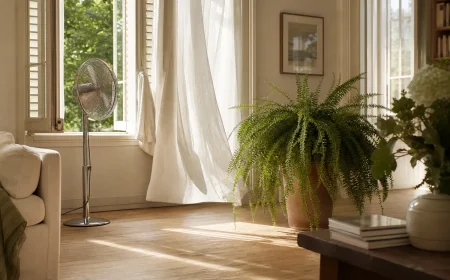 Salon français rafraîchi sans climatisation avec volets mi-clos, fougère et ventilateur