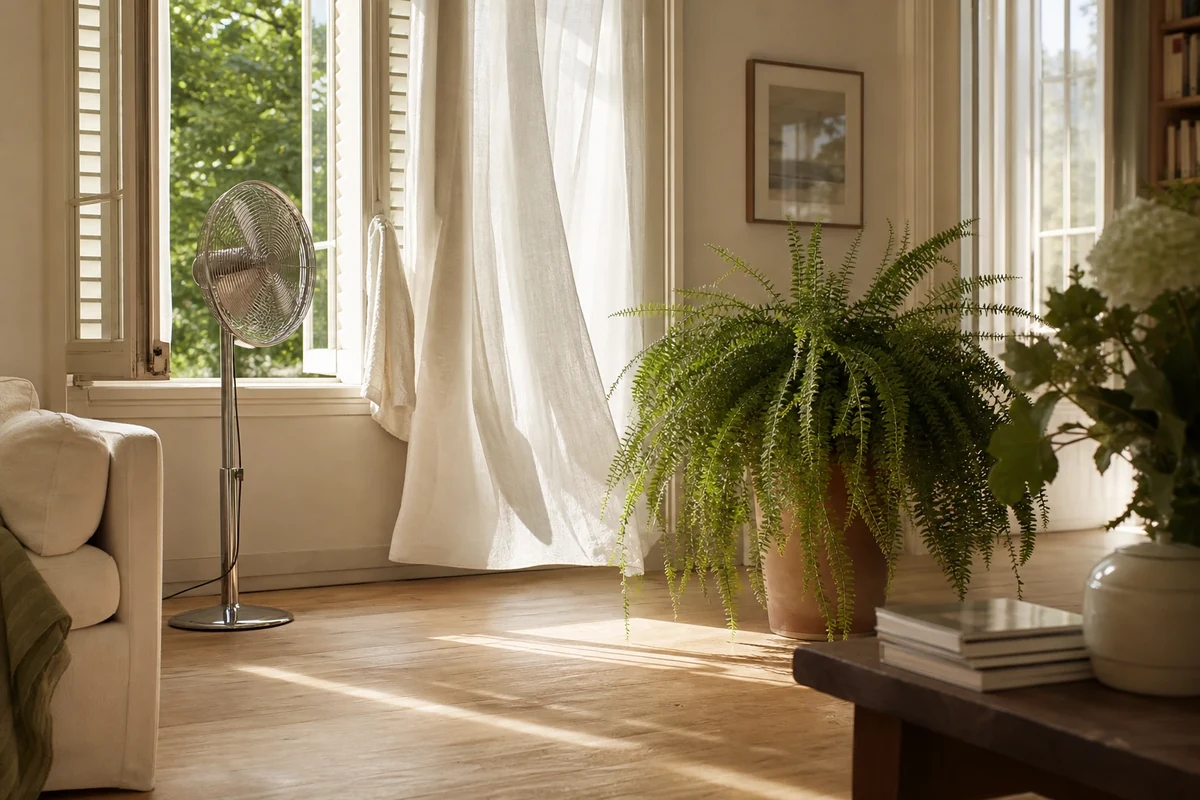 Salon français rafraîchi sans climatisation avec volets mi-clos, fougère et ventilateur