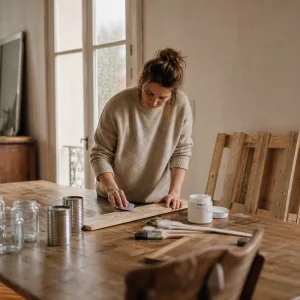 Scène DIY récup' chez soi un jour de pluie : palette, bocaux et outils sur une table en bois
