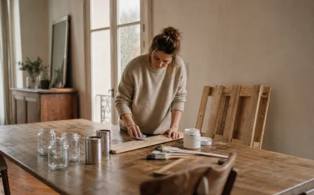 Scène DIY récup' chez soi un jour de pluie : palette, bocaux et outils sur une table en bois