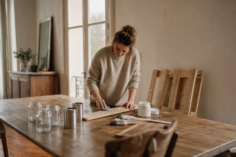Scène DIY récup' chez soi un jour de pluie : palette, bocaux et outils sur une table en bois
